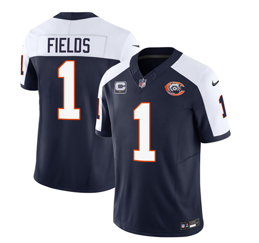 Men's Navy/White Chicago Bears #1 Justin Fields 2023 F.U.S.E. With 1-Star C Patch Throwback Limited Stitched Football Jersey