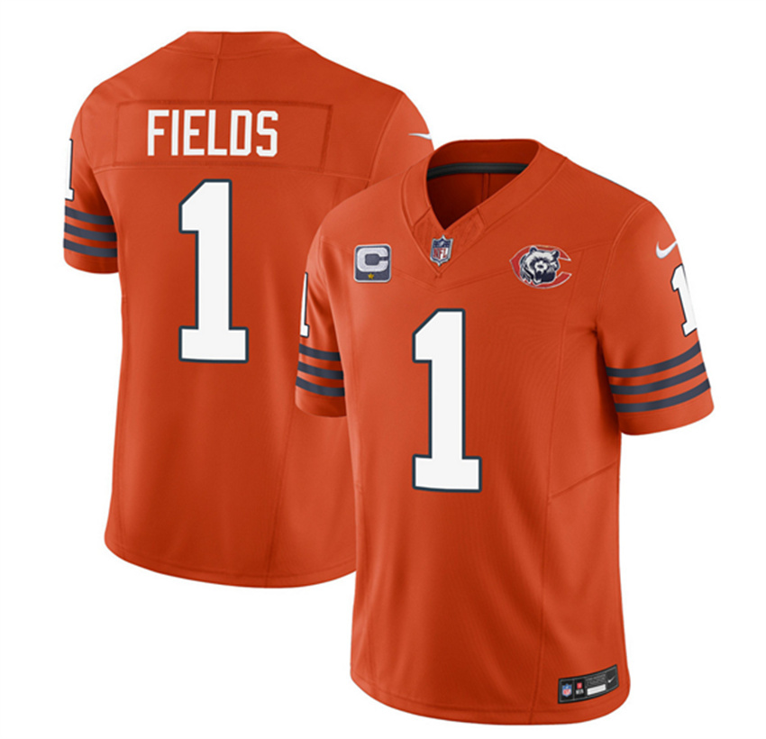 Men's Orange Chicago Bears #1 Justin Fields 2023 F.U.S.E. With 1-Star C Patch Throwback Limited Stitched Football Jersey