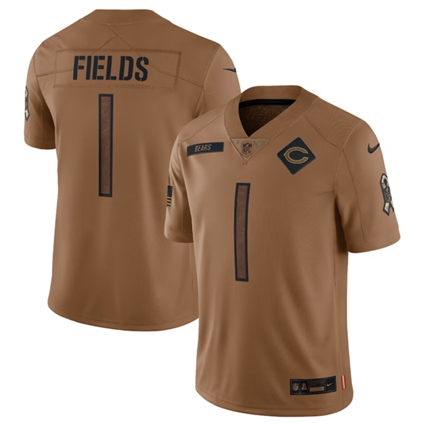 Men's Brown Chicago Bears #1 Justin Fields 2023 Salute To Service Limited Stitched Football Jersey