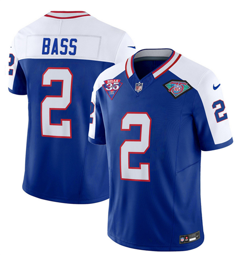 Men's Blue/White Buffalo Bills #2 Tyler Bass 2023 F.U.S.E. 35th And 75th Patch Throwback Vapor Untouchable Limited Stitched Jersey
