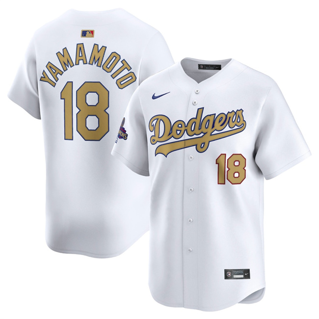 Men's White Los Angeles Dodgers #18 Yoshinobu Yamamoto 2025 Gold Collection Limited Stitched Baseball Jersey