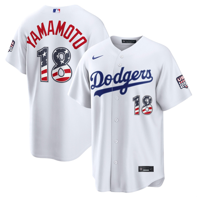 Men's White Los Angeles Dodgers #18 Yoshinobu Yamamoto USA 250 Fourth of July Home Stitched Baseball Jersey