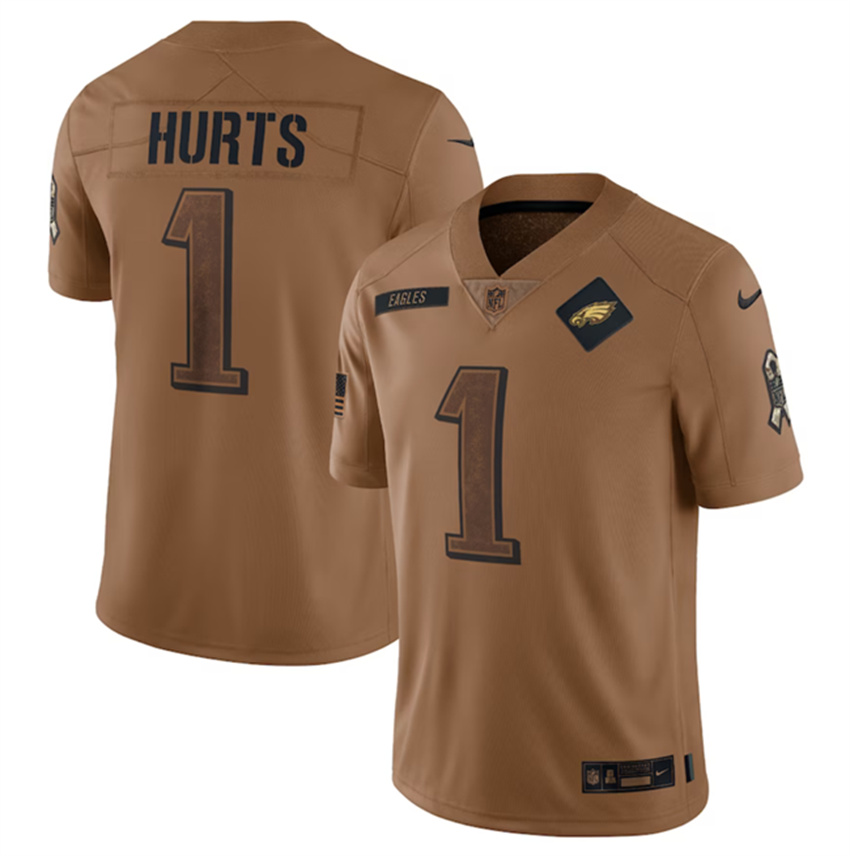 Men's Brown Philadelphia Eagles #1 Jalen Hurts 2023 Salute To Service Limited Stitched Football Jersey