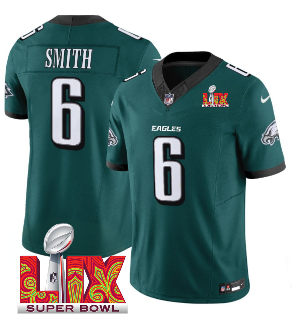 Men's Green Philadelphia Eagles #6 DeVonta Smith 2025 Super Bowl LIX Patch F.U.S.E. Vapor Limited Stitched Football Jersey