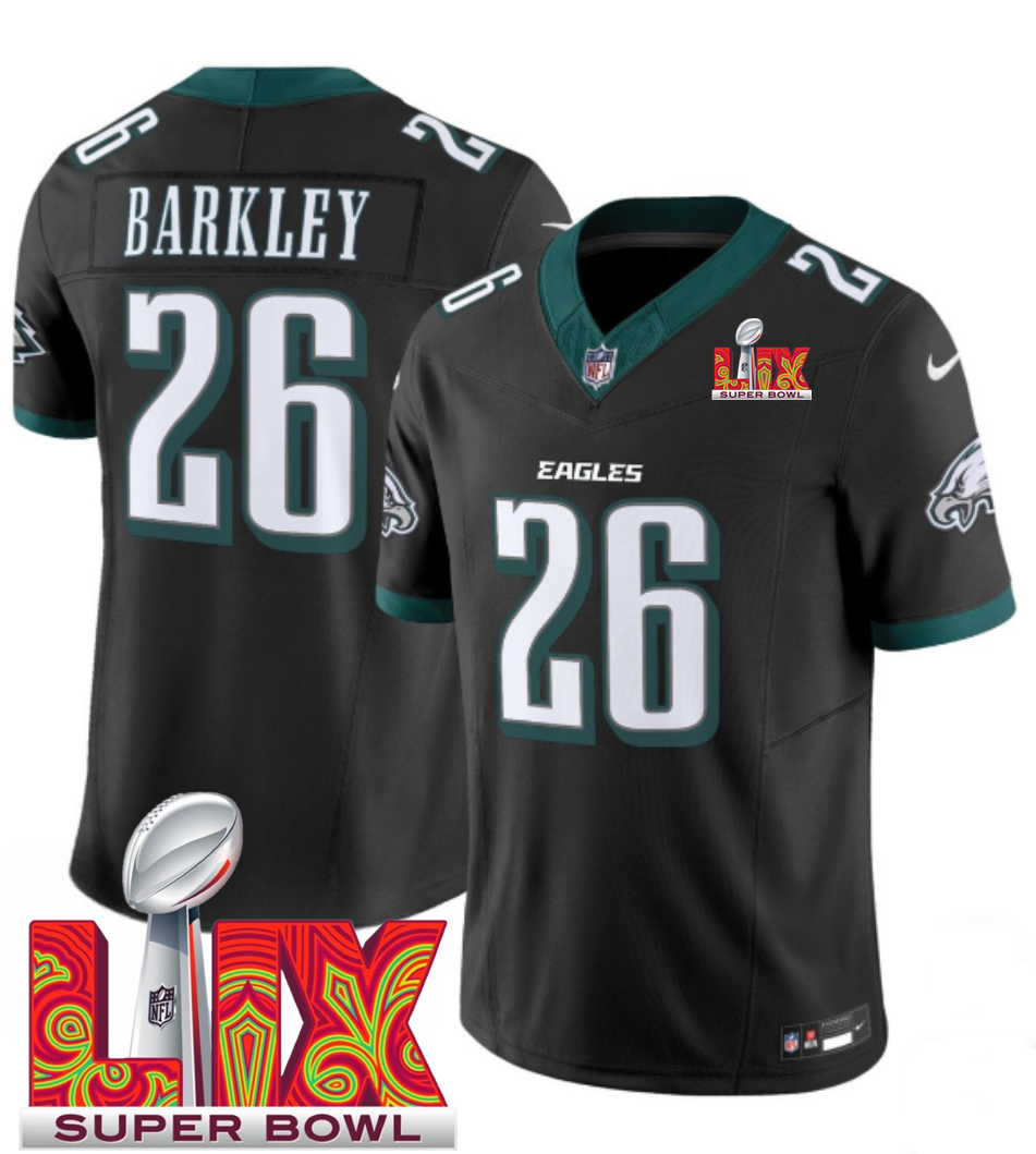 Men's Black Philadelphia Eagles #26 Saquon Barkley 2025 Super Bowl LIX Patch F.U.S.E. Vapor Limited Stitched Football Jersey