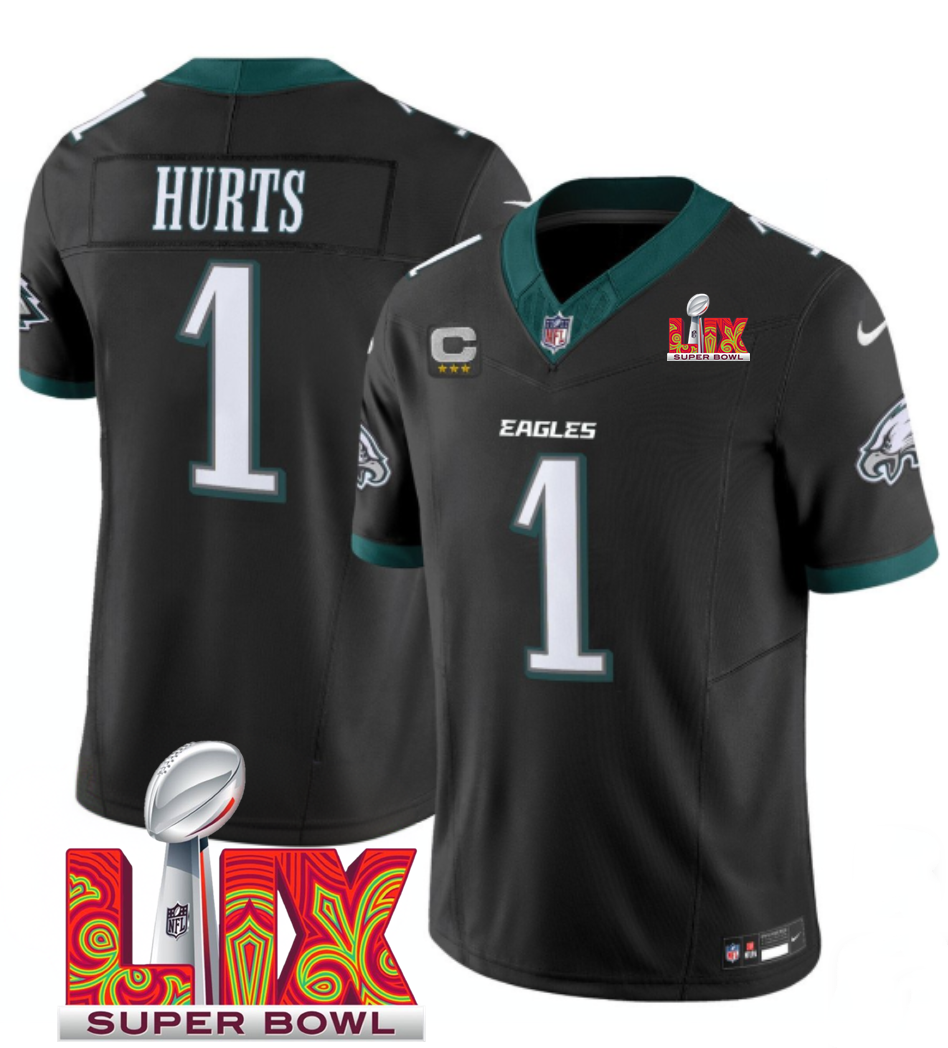 Men's Black Philadelphia Eagles #1 Jalen Hurts 2025 Super Bowl LIX Patch F.U.S.E. Vapor Limited Stitched Football Jersey