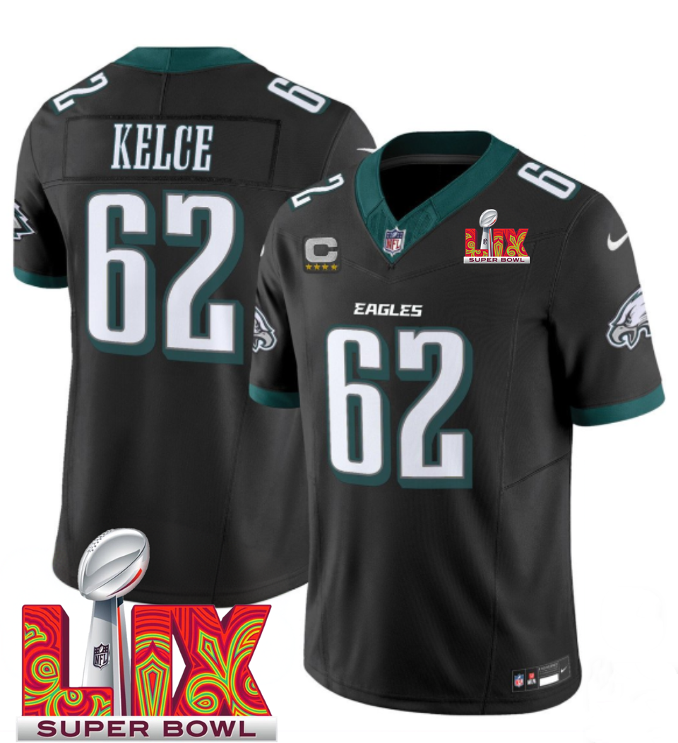 Men's Black Philadelphia Eagles #62 Jason Kelce 2025 Super Bowl LIX Patch F.U.S.E. Vapor Limited Stitched Football Jersey