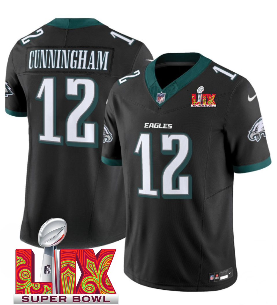 Men's Black Philadelphia Eagles #12 Randall Cunningham 2025 Super Bowl LIX Patch F.U.S.E. Vapor Limited Stitched Football Jersey