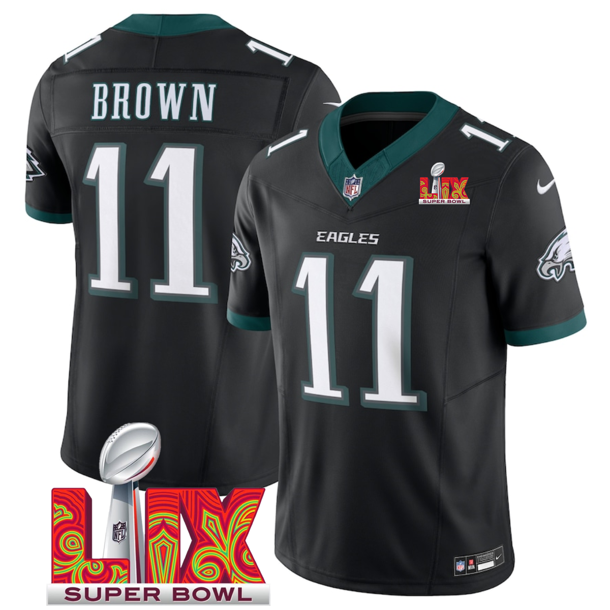 Men's Black Philadelphia Eagles #11 A.J. Brown 2025 Super Bowl LIX Patch F.U.S.E. Vapor Limited Stitched Football Jersey