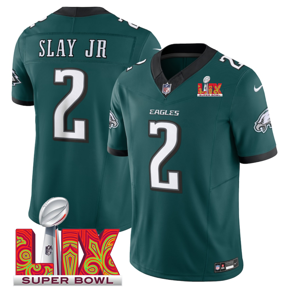 Men's Green Philadelphia Eagles #2 Darius Slay JR 2025 Super Bowl LIX Patch F.U.S.E. Vapor Limited Stitched Football Jersey