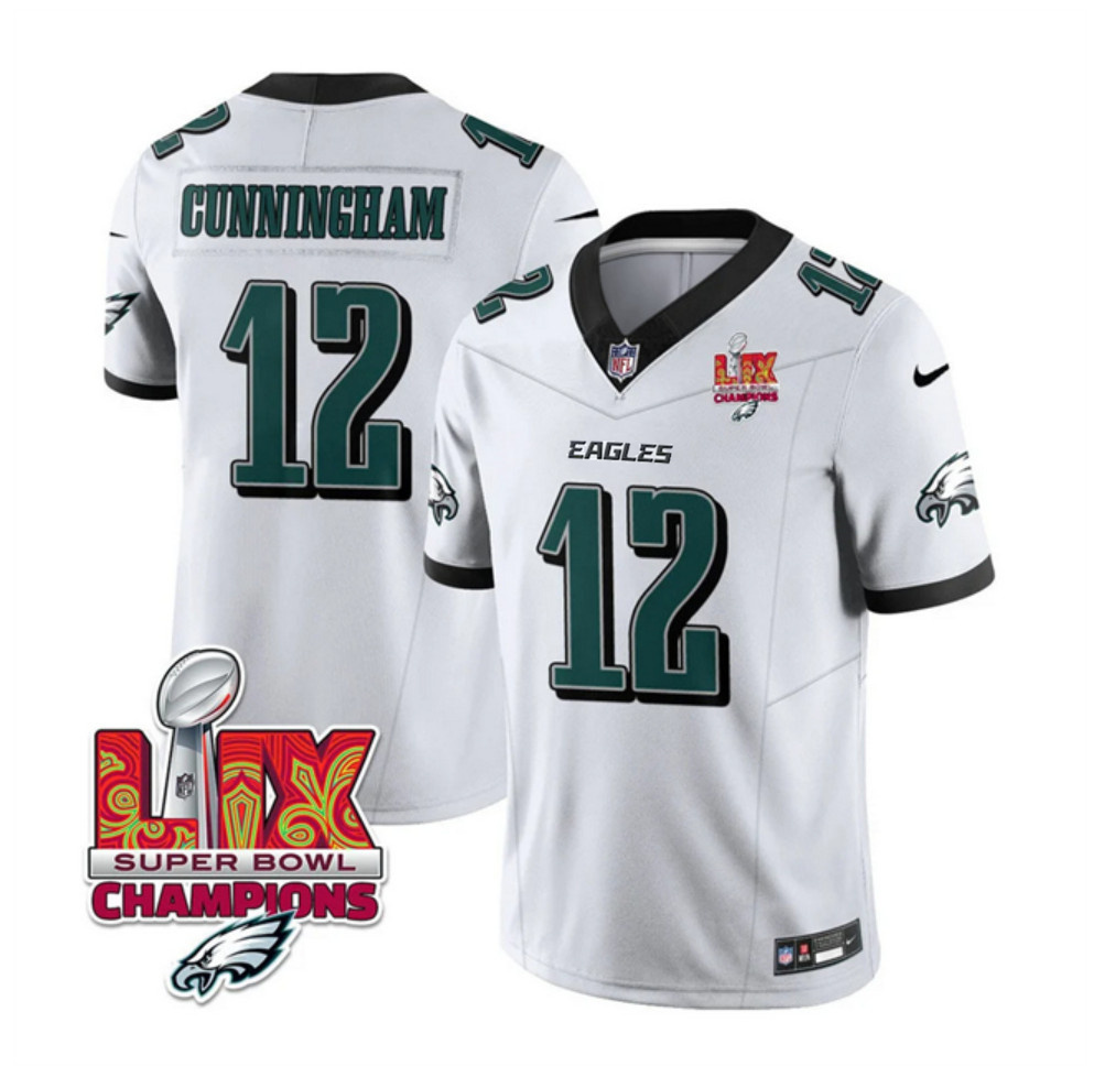 Men's White Philadelphia Eagles #12 Randall Cunningham 2025 Eagles Logo Super Bowl LIX Patch New F.U.S.E. Vapor Limited Stitched Football Jersey