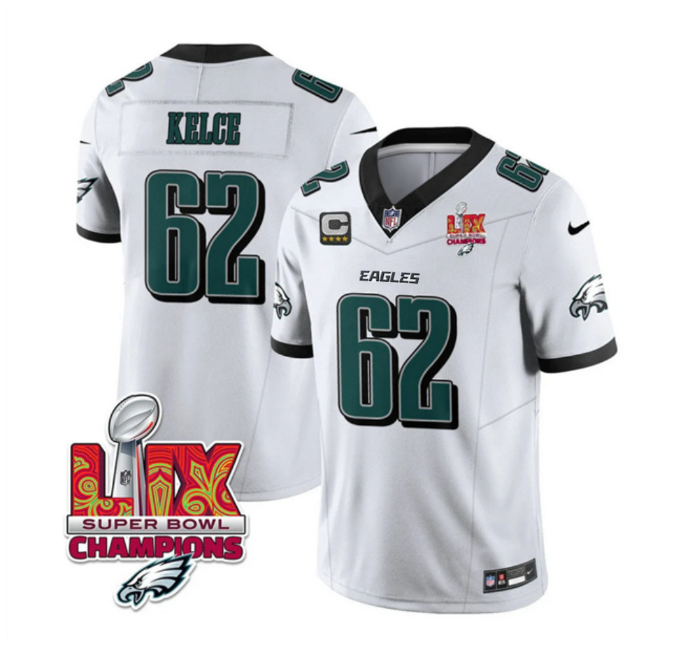 Men's White Philadelphia Eagles #62 Jason Kelce 2025 Eagles Logo Super Bowl LIX Patch And 4-Star C Patch New F.U.S.E. Vapor Limited Stitched Football Jersey