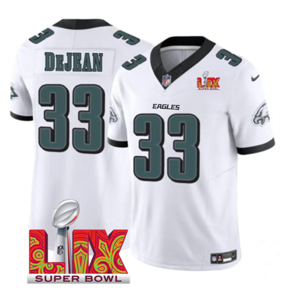 Men's White Philadelphia Eagles #33 Cooper DeJean 2025 Super Bowl LIX Patch F.U.S.E. Vapor Limited Stitched Football Jersey