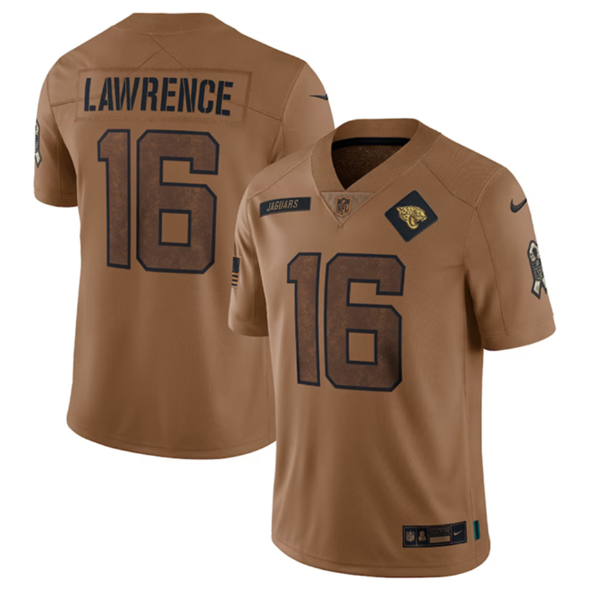 Men's Brown Jacksonville Jaguars #16 Trevor Lawrence 2023 Salute To Service Vapor Untouchable Limited Stitched Jersey