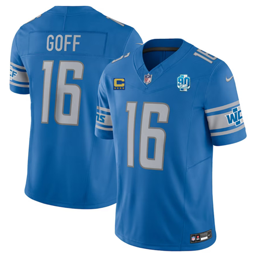 Men's Blue Detroit Lions #16 Jared Goff 2023 F.U.S.E. With 1-Star C Patch And 90th Anniversary Vapor Untouchable Limited Stitched Jersey