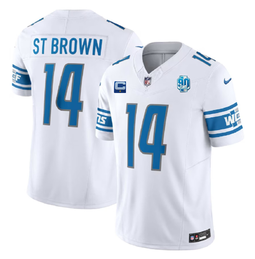 Men's White Detroit Lions #14 Amon-Ra St. Brown 2023 F.U.S.E. With 1-Star C Patch And 90th Anniversary Patch Vapor Untouchable Limited Stitched Jersey