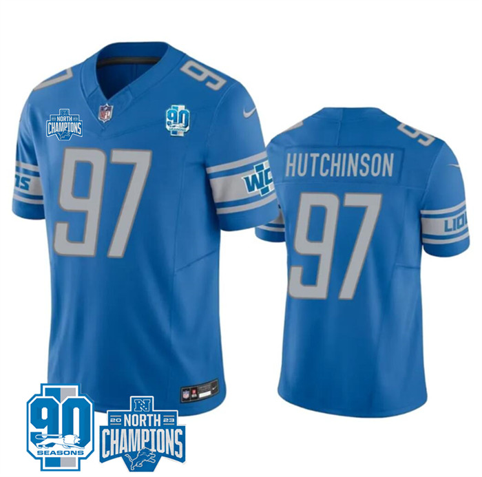 Men's Blue Detroit Lions #97 Aidan Hutchinson 2023 F.U.S.E. 90th Anniversary NFC North Division Champions Vapor Untouchable Limited Stitched Jersey