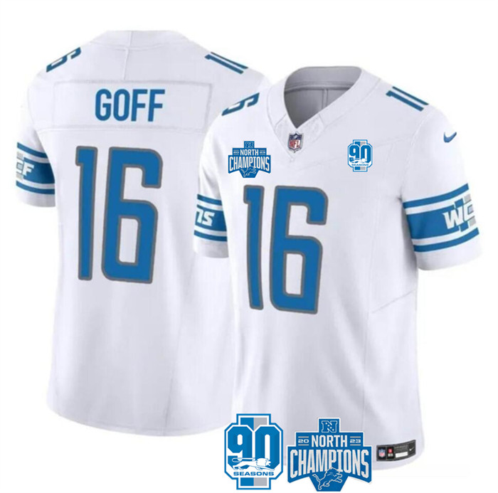 Men's White Detroit Lions #16 Jared Goff 2023 F.U.S.E. 90th Anniversary NFC North Division Champions Vapor Untouchable Limited Stitched Jersey