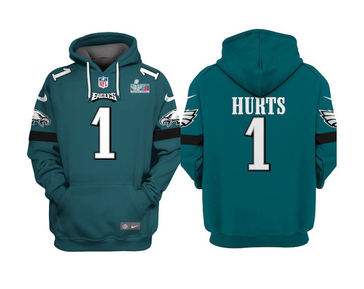Men's Green Philadelphia Eagles #1 Jalen Hurts Super Bowl LVII Patch Pullover Hoodie