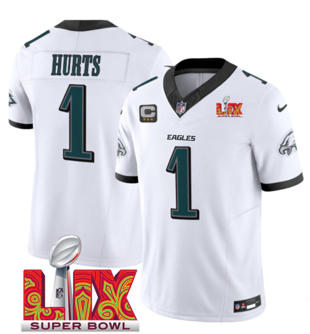 Men's White Philadelphia Eagles #1 Jalen Hurts 2025 Super Bowl LIX Patch F.U.S.E. Vapor Limited Stitched Football Jersey