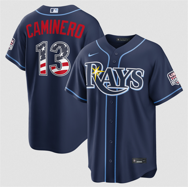 Men's Navy Tampa Bay Rays #13 Junior Caminero 2026 USA 250 Fourth of July Home Stitched Baseball Jersey