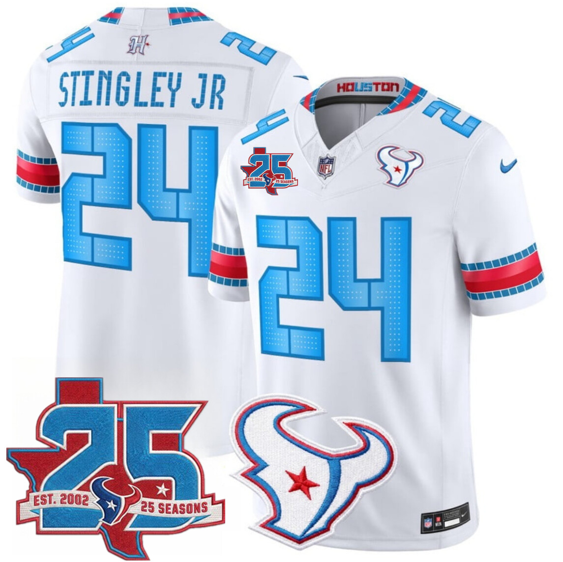 Men's White Houston Texans #24 Derek Stingley Jr. 2026 25th Anniversary Patch F.U.S.E. 'HOUSTON/US' Rivalries Collection Limited Stitched Football Jersey