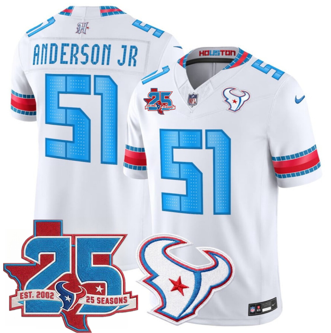 Men's White Houston Texans #51 Will Anderson Jr. 2026 25th Anniversary Patch F.U.S.E. 'HOUSTON/US' Rivalries Collection Limited Stitched Football Jersey