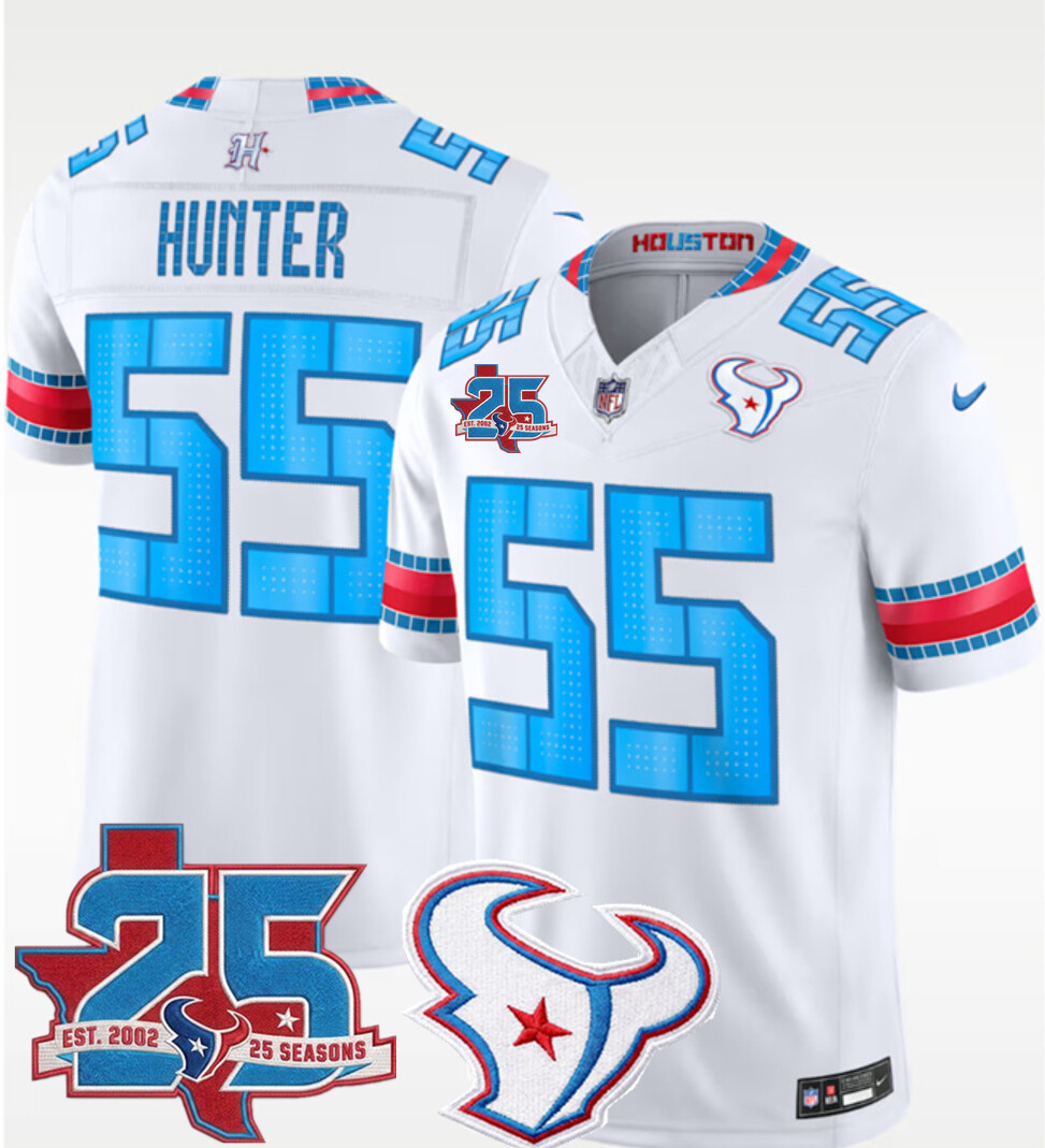Men's White Houston Texans #55 Danielle Hunter 2026 25th Anniversary Patch F.U.S.E. 'HOUSTON/US' Rivalries Collection Limited Stitched Football Jersey