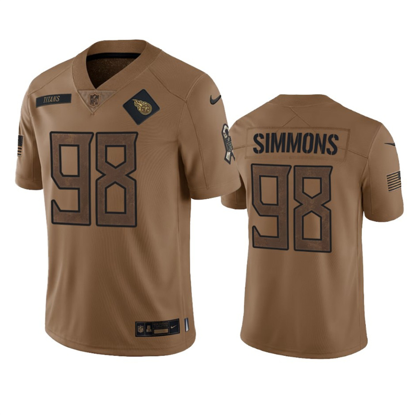 Men's Brown Tennessee Titans #98 Jeffery Simmons 2023 Salute To Service Stitched Football Jersey