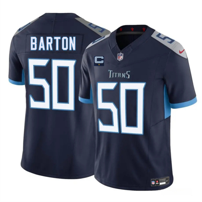 Men's Navy Tennessee Titans #50 Cody Barton 2025 F.U.S.E. With 1-Star C Patch Vapor Limited Stitched Football Jersey
