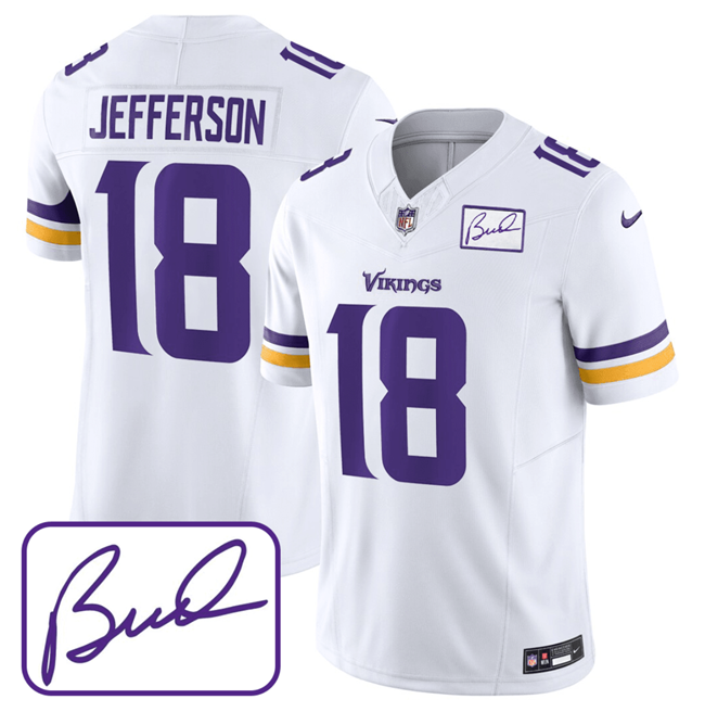 Men's White Minnesota Vikings #18 Justin Jefferson 2023 F.U.S.E. Bud Grant patch Limited Stitched Jersey