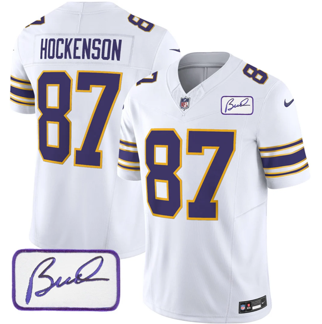 Men's White Minnesota Vikings #87 T.J. Hockenson 2023 F.U.S.E. Bud Grant patch Vapor Limited Stitched Jersey