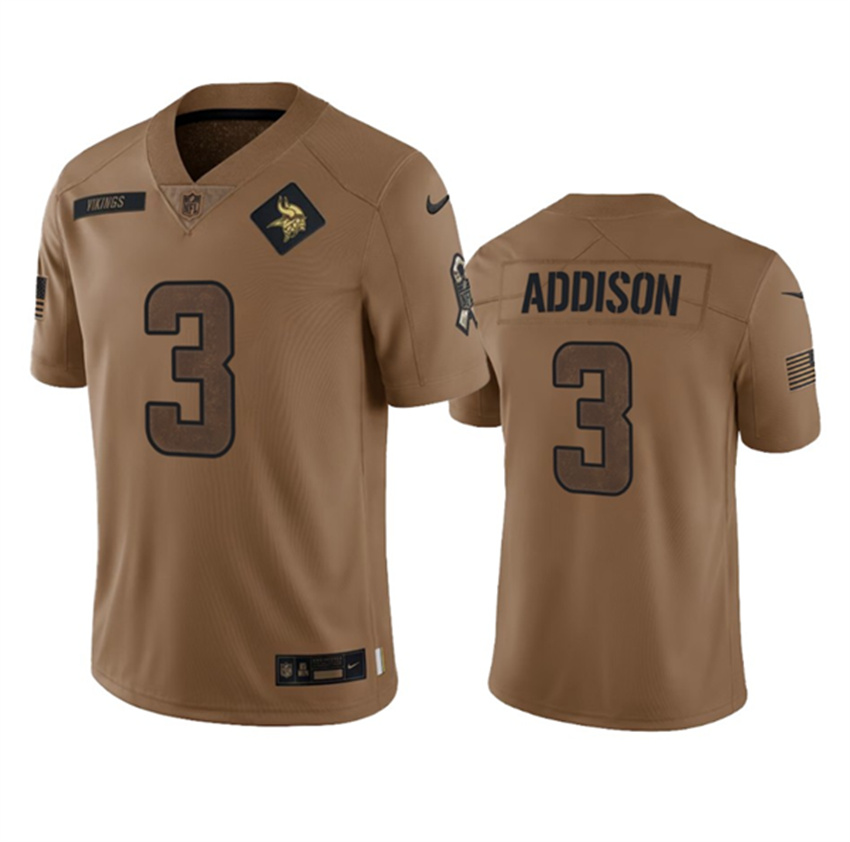 Men's Brown Minnesota Vikings #3 Jordan Addison 2023 Salute To Service Limited Stitched Jersey