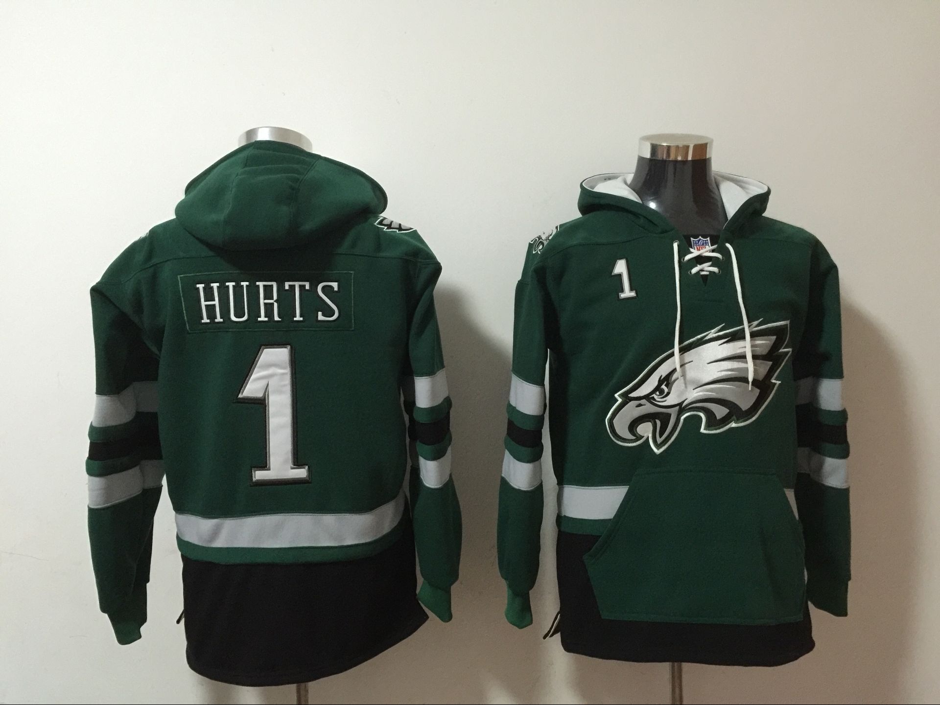 Men's Green Philadelphia Eagles #1 Jalen Hurts Ageless Must-Have Lace-Up Pullover Hoodie