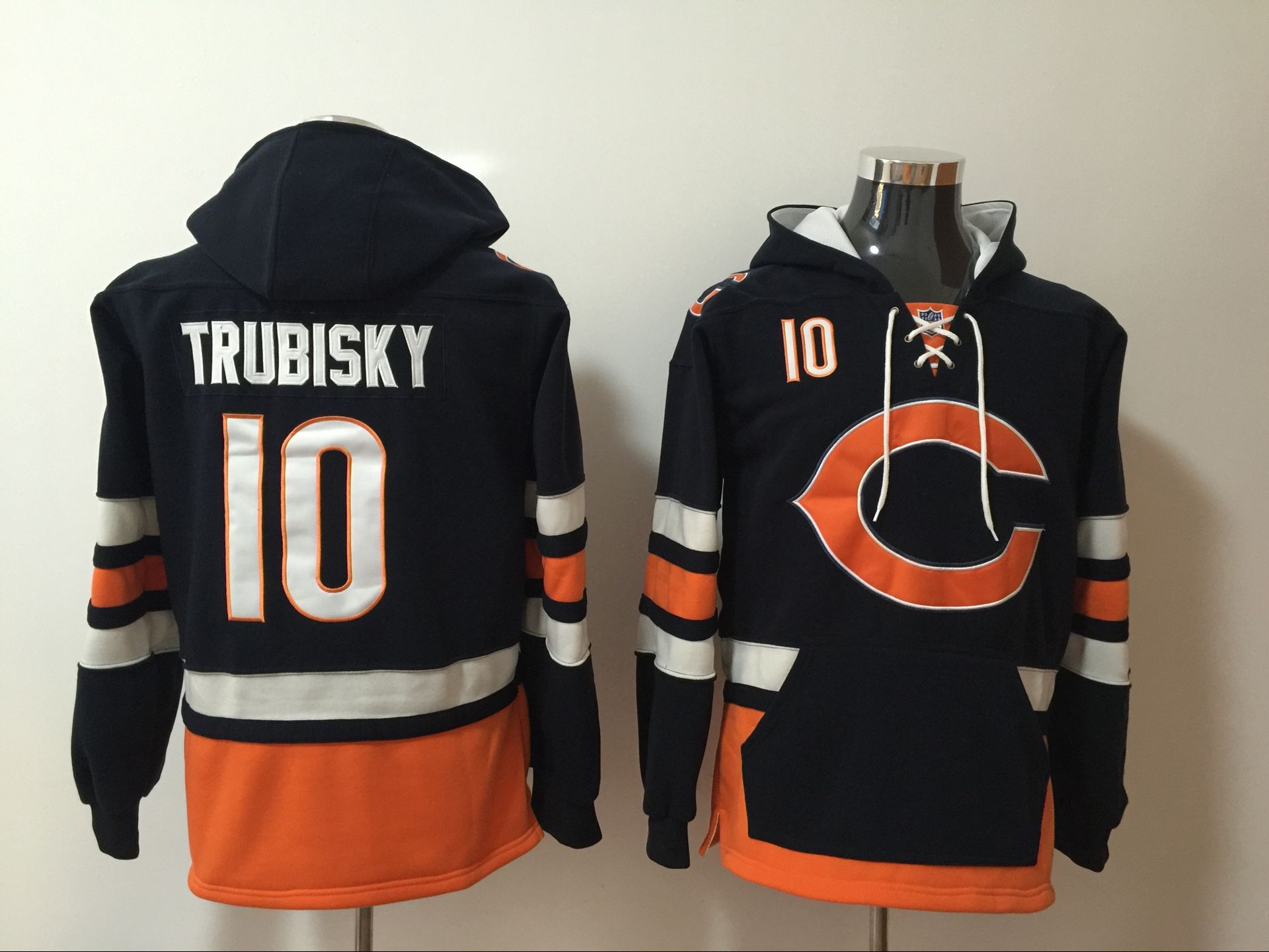 Men's Black Chicago Bears #10 Mitchell Trubisky Ageless Must-Have Lace-Up Pullover Hoodie