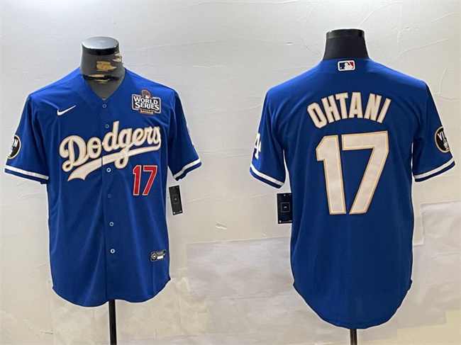 Men's Blue Los Angeles Dodgers #17 Shohei Ohtani 2024 World Series Vin Patch Cool Base Stitched Baseball Jersey