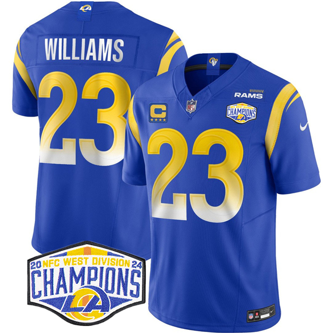 Men's Blue Los Angeles Rams #23 Kyren Williams 2024 NFC West Champions With 4-Star C Patch F.U.S.E. Vapor Untouchable Stitched Football Jersey