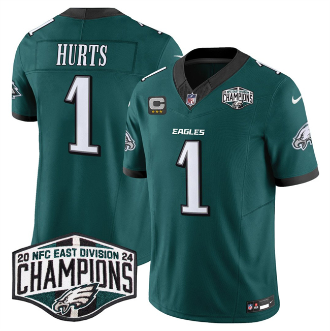 Men's Green Philadelphia Eagles #1 Jalen Hurts 2024 New NFC East Champions With 3-Star C Patch F.U.S.E. Vapor Untouchable Limited Stitched Football Jersey