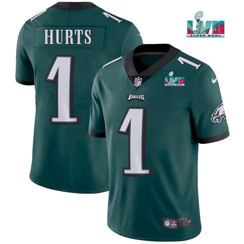 Men's Green Philadelphia Eagles #1 Jalen Hurts Super Bowl LVII Patch Vapor Untouchable Limited Stitched Jersey