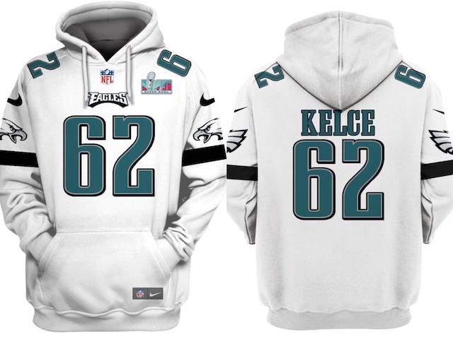 Men's White Philadelphia Eagles #62 Jason Kelce Super Bowl LVII Patch Pullover Hoodie
