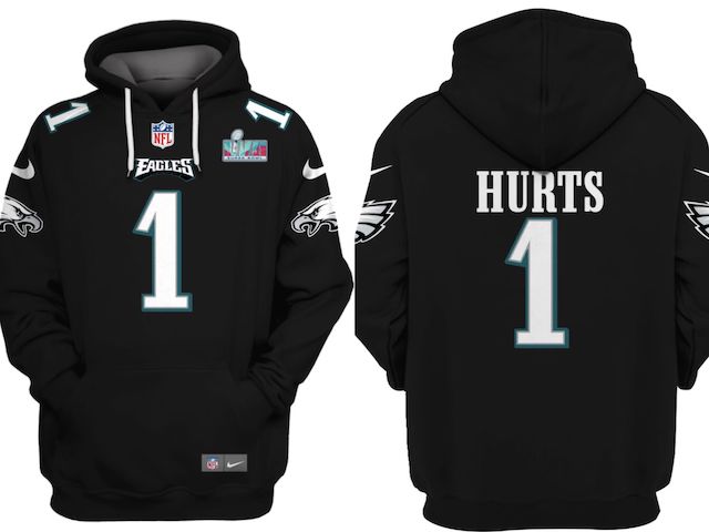 Men's Black Philadelphia Eagles #1 Jalen Hurts Super Bowl LVII Patch Pullover Hoodie