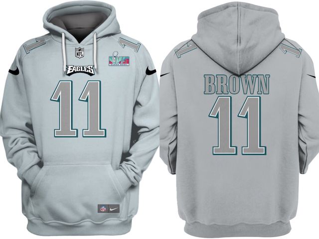 Men's Grey Philadelphia Eagles #11 A.J. Brown Atmosphere Fashion Super Bowl LVII Patch Pullover Hoodie