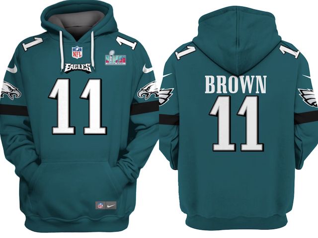 Men's Green Philadelphia Eagles #11 A.J. Brown Super Bowl LVII Patch Pullover Hoodie