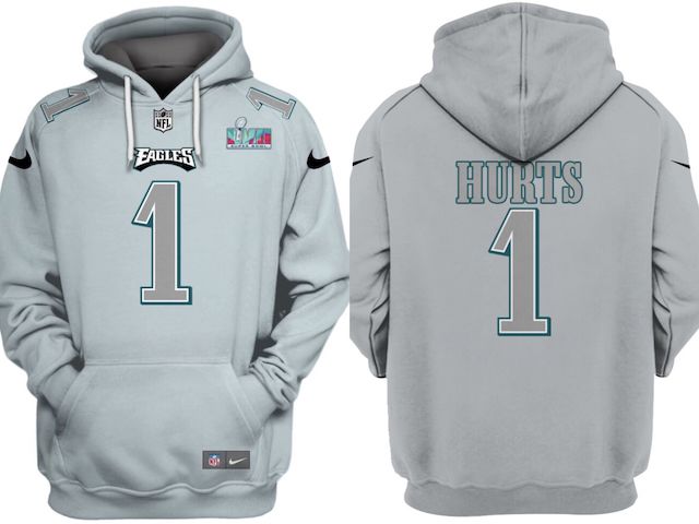 Men's Grey Philadelphia Eagles #1 Jalen Hurts Atmosphere Fashion Super Bowl LVII Patch Pullover Hoodie