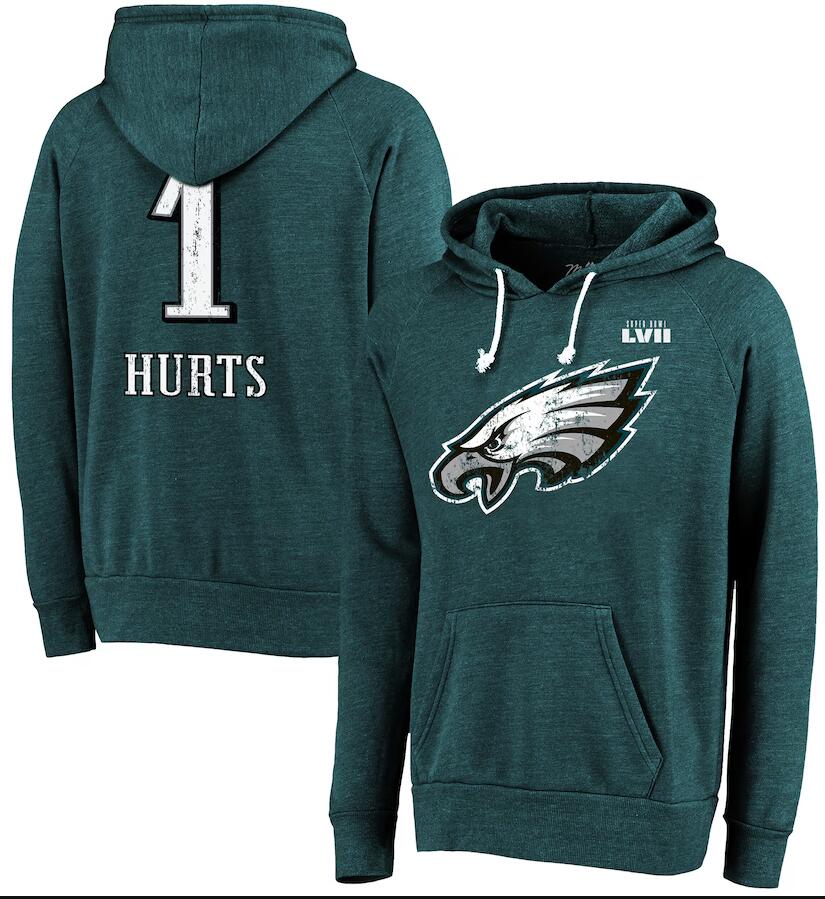 Men's Green Philadelphia Eagles #1 Jalen Hurts Midnight Super Bowl LVII Name & Number Pullover Hoodie