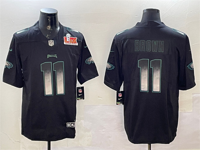 Men's Black Philadelphia Eagles #11 A. J. Brown 2025 Super Bowl LIX Patch Smoke Fashion Vapor Untouchable Limited Stitched Football Jersey