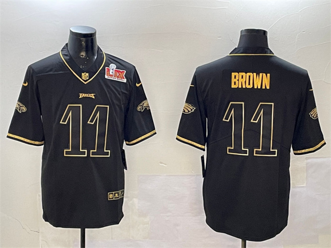 Men's Black/Gold Philadelphia Eagles #11 A. J. Brown 2025 Super Bowl LIX Patch Salute To Service Vapor Untouchable Limited Stitched Football Jersey
