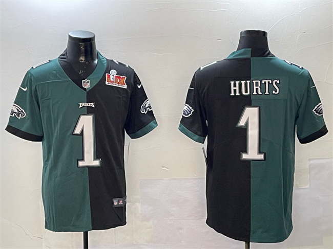 Men's Green & Black Philadelphia Eagles #1 Jalen Hurts Split 2025 Super Bowl LIX Patch Vapor Untouchable Limited Stitched Football Jersey