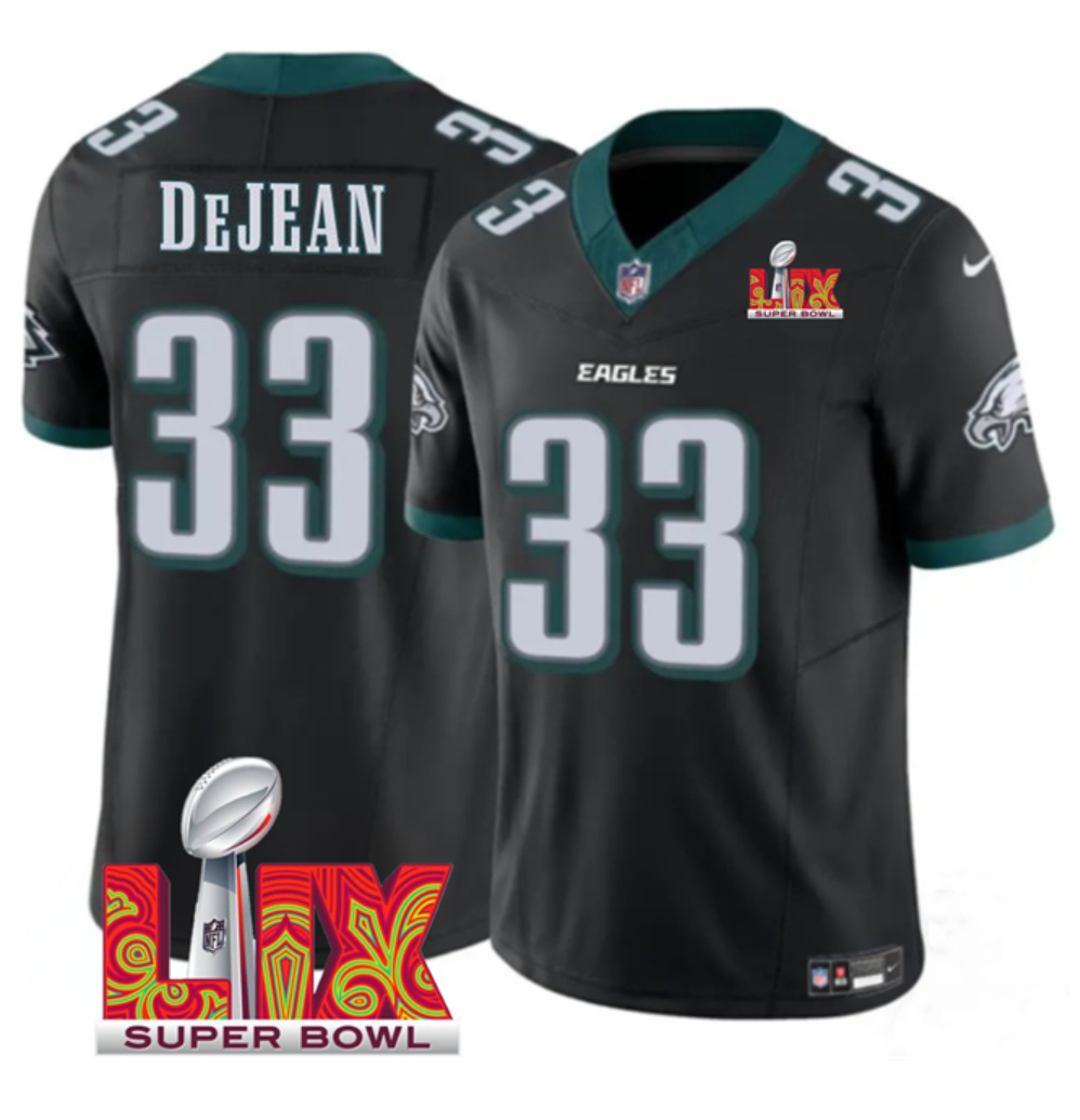 Men's Black Philadelphia Eagles #33 Cooper DeJean 2025 Super Bowl LIX Patch F.U.S.E. Vapor Limited Stitched Football Jersey