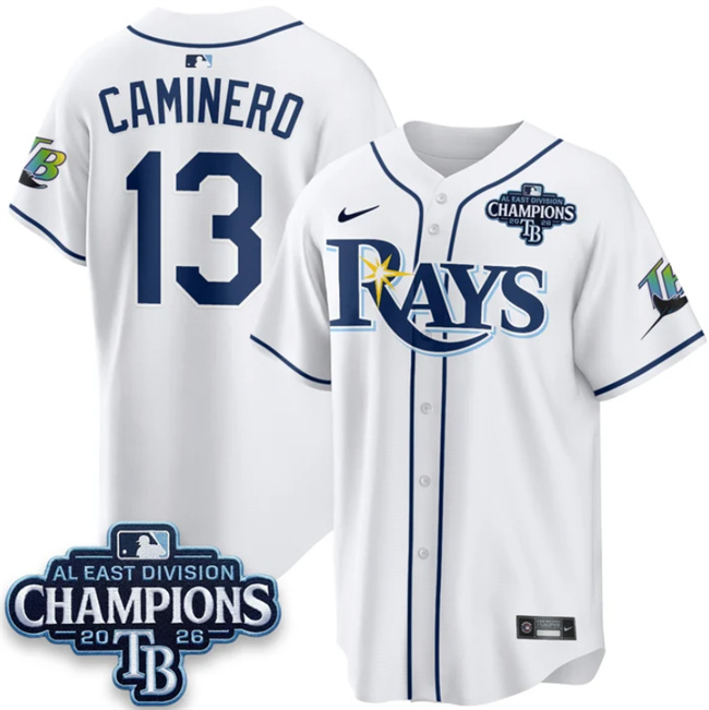 Men's White Tampa Bay Rays #13 Junior Caminero 2026 AL East Champions Patch Limited Stitched Baseball Jersey